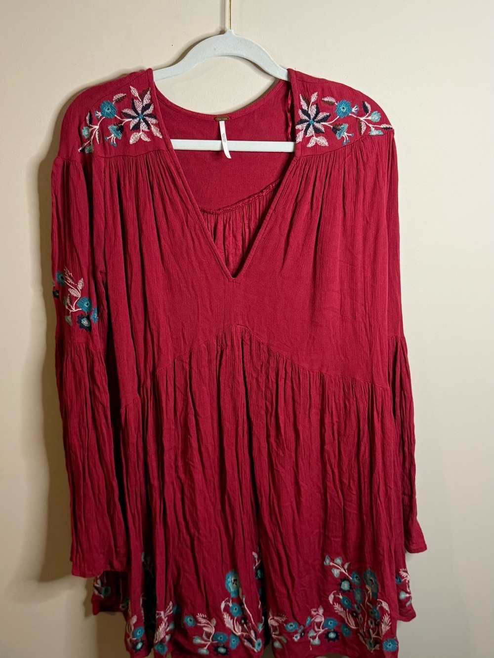 Free People Crimson Floral Embroidered V-Neck Tunic